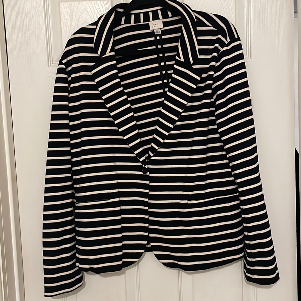 A New Day Women’s Plus Black White Horizontal Striped Cotton Knit Blazer - XXL